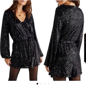 Free People Christa Sequin Long Sleeve Romper, Black Size S